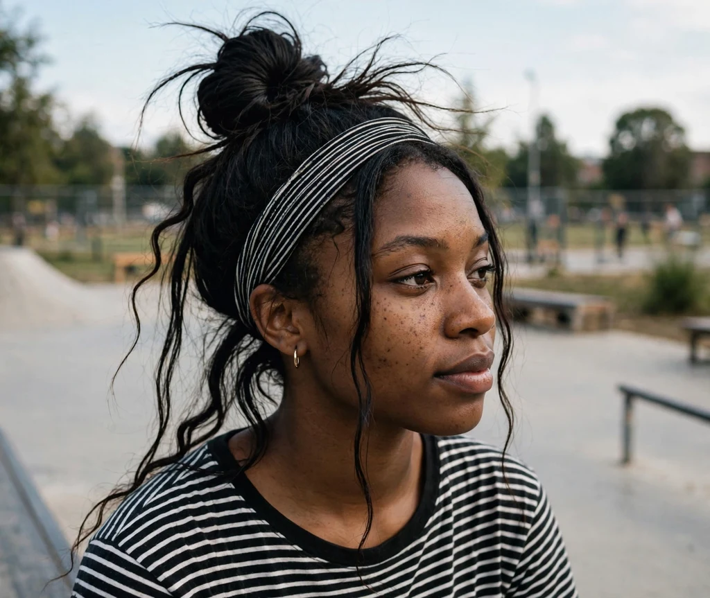 Woman with a striped headband, messy top knot, and long ends