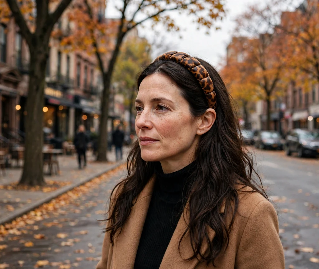 Woman wearing a padded tortoise headband with center-part waves