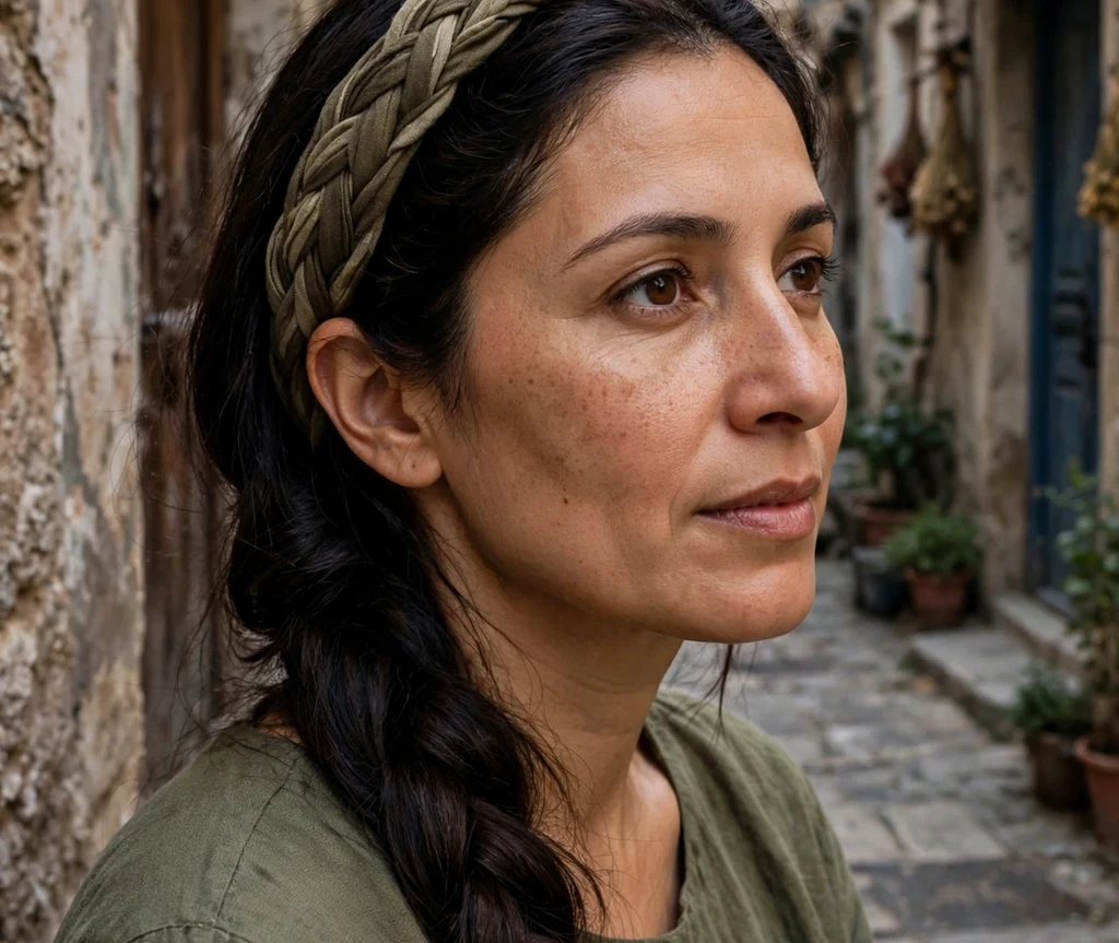 Woman with a braided scarf headband and a side braid