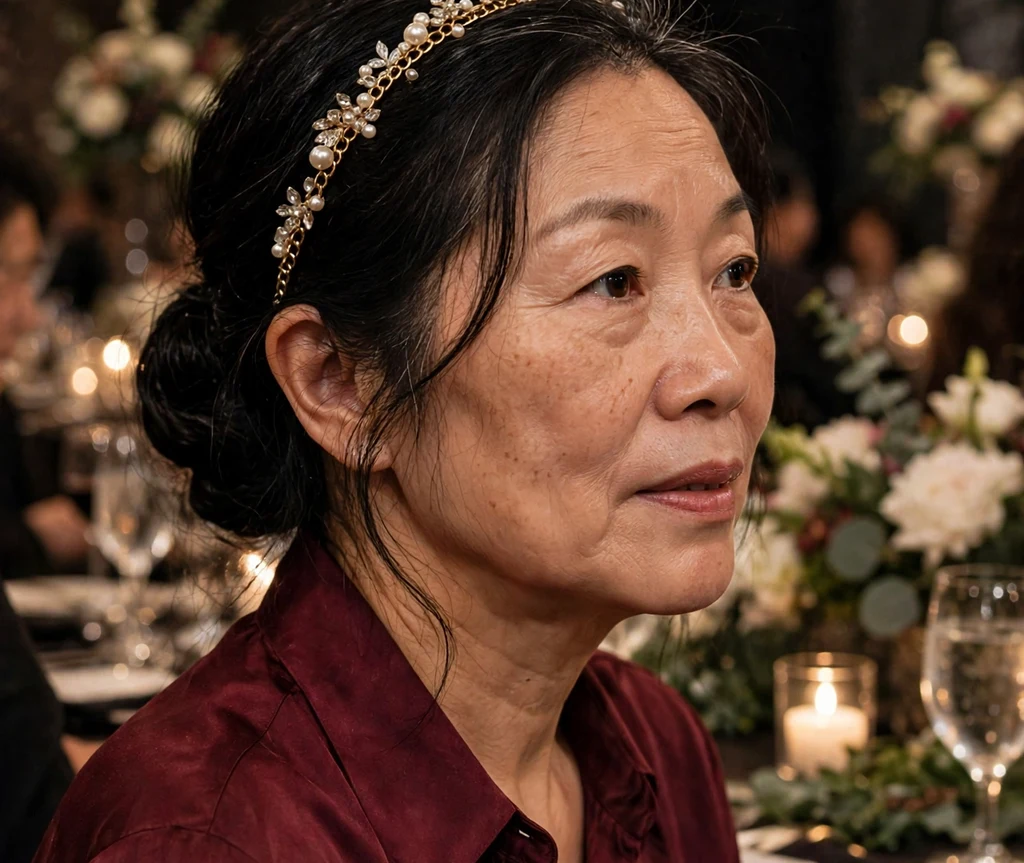 Woman wearing a jeweled chain headband with a low chignon