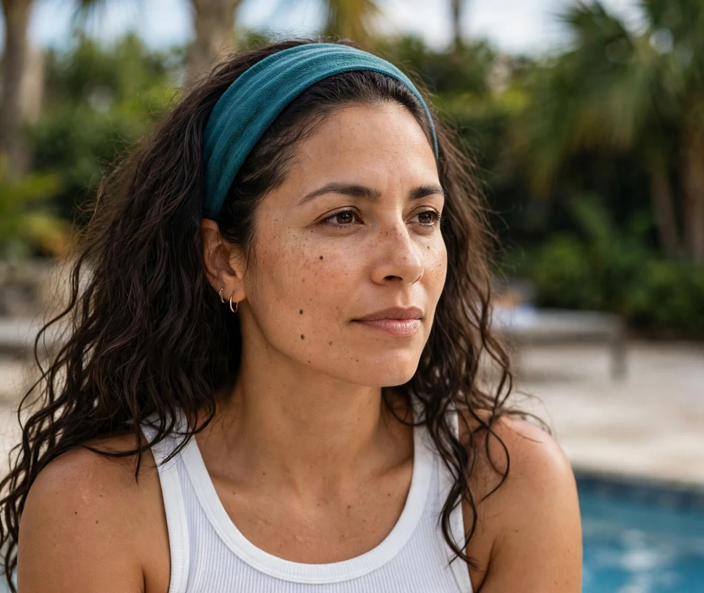 Woman with a wide teal fabric headband and crimped long hair