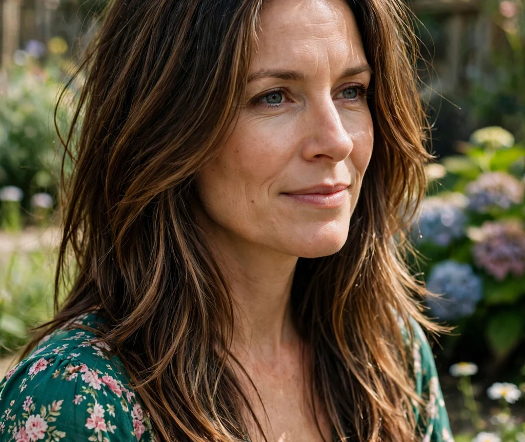Brunette woman with long layered dark brown hair with caramel babylights blending gray roots in a garden