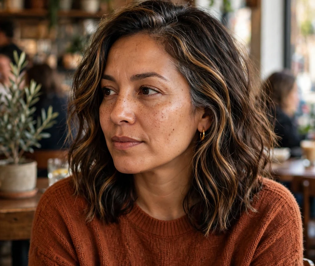Latina woman with wavy espresso shoulder-length hair and toffee highlights in a café