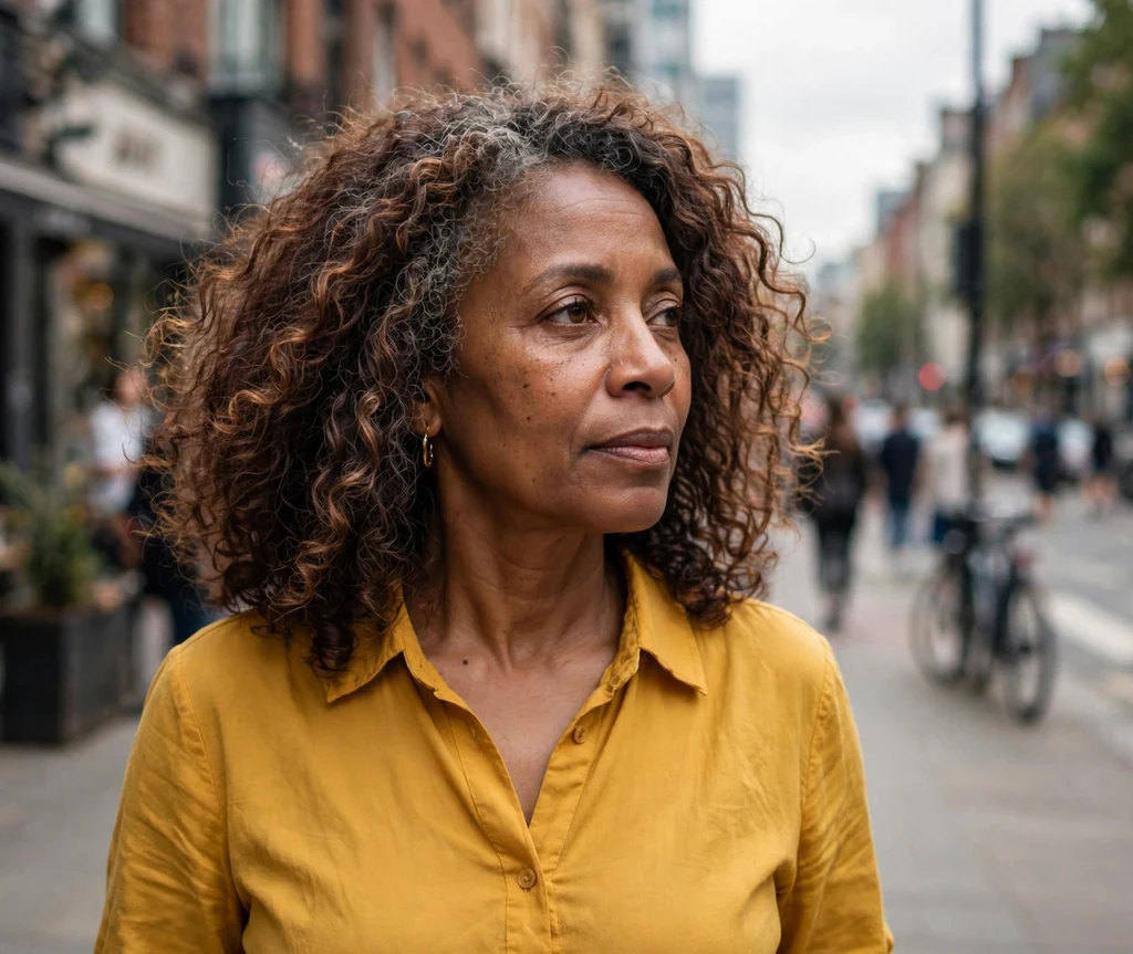 Black woman with curly chocolate brown hair with caramel dimension on a city street