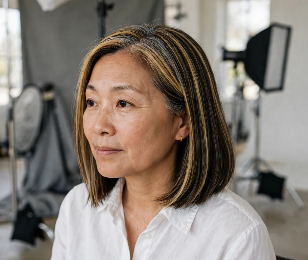East Asian woman with sleek dark brown lob with honey babylights in a studio