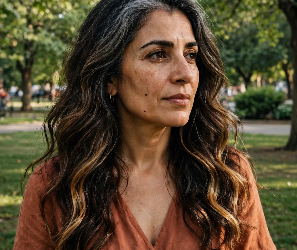 Middle Eastern woman with long dark waves with golden caramel balayage in a park
