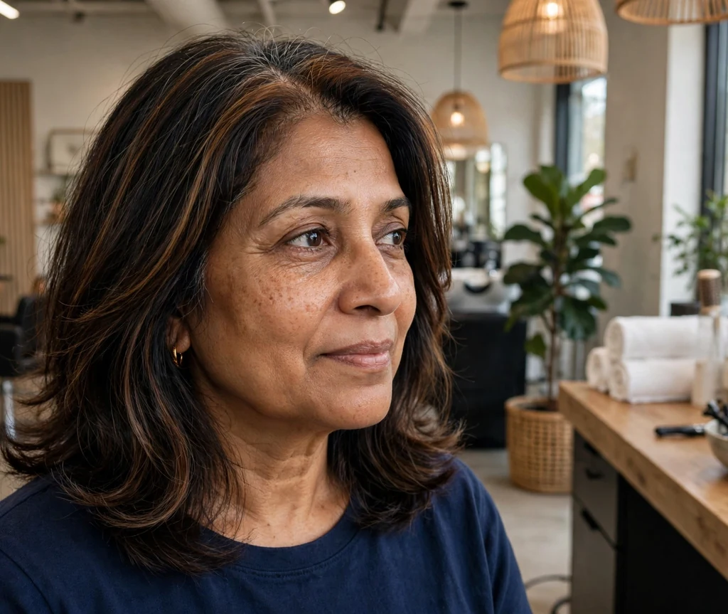South Asian woman with layered dark shoulder-length hair with chestnut highlights in a salon
