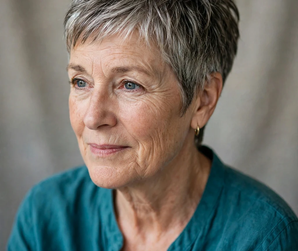 Caucasian woman with silver-blended textured pixie with dark lowlights in a studio