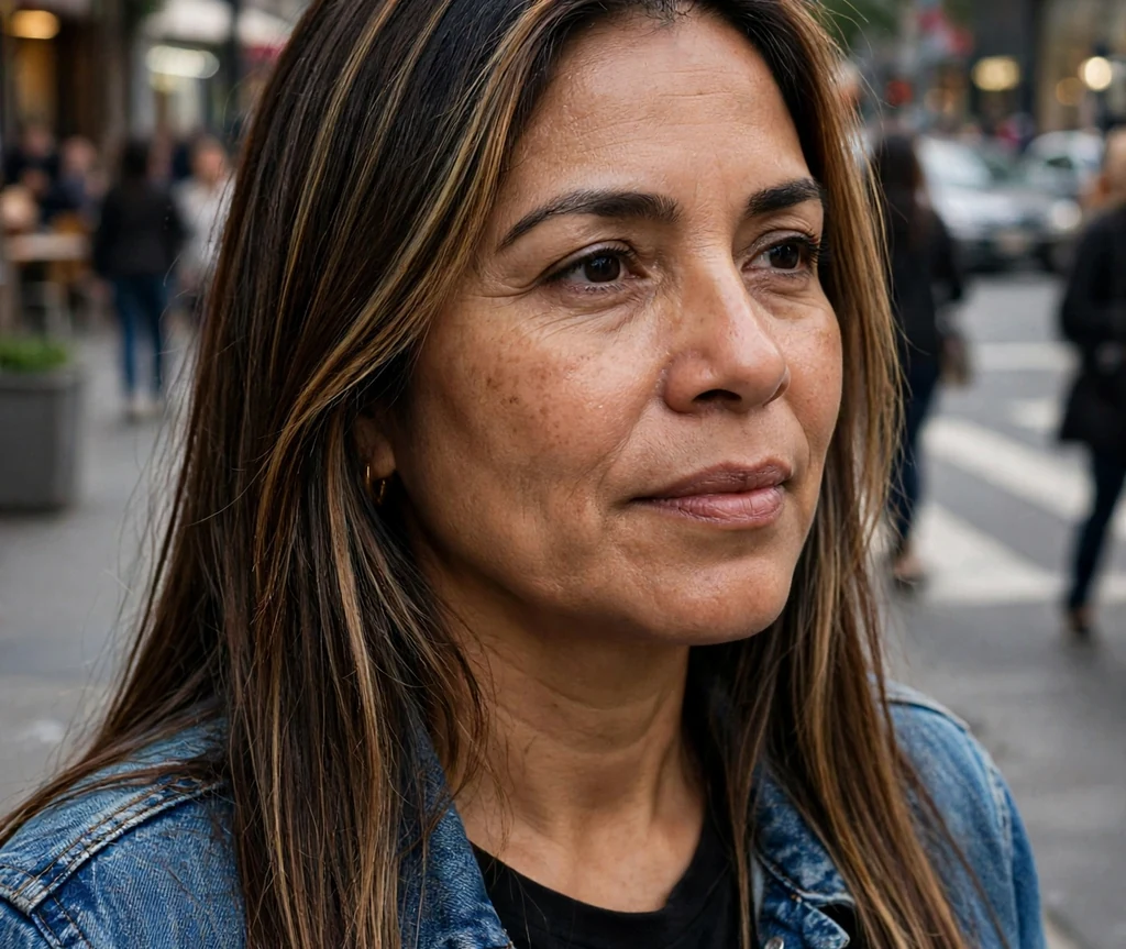 Latina woman with long straight dark brown hair with face-framing caramel highlights on a street