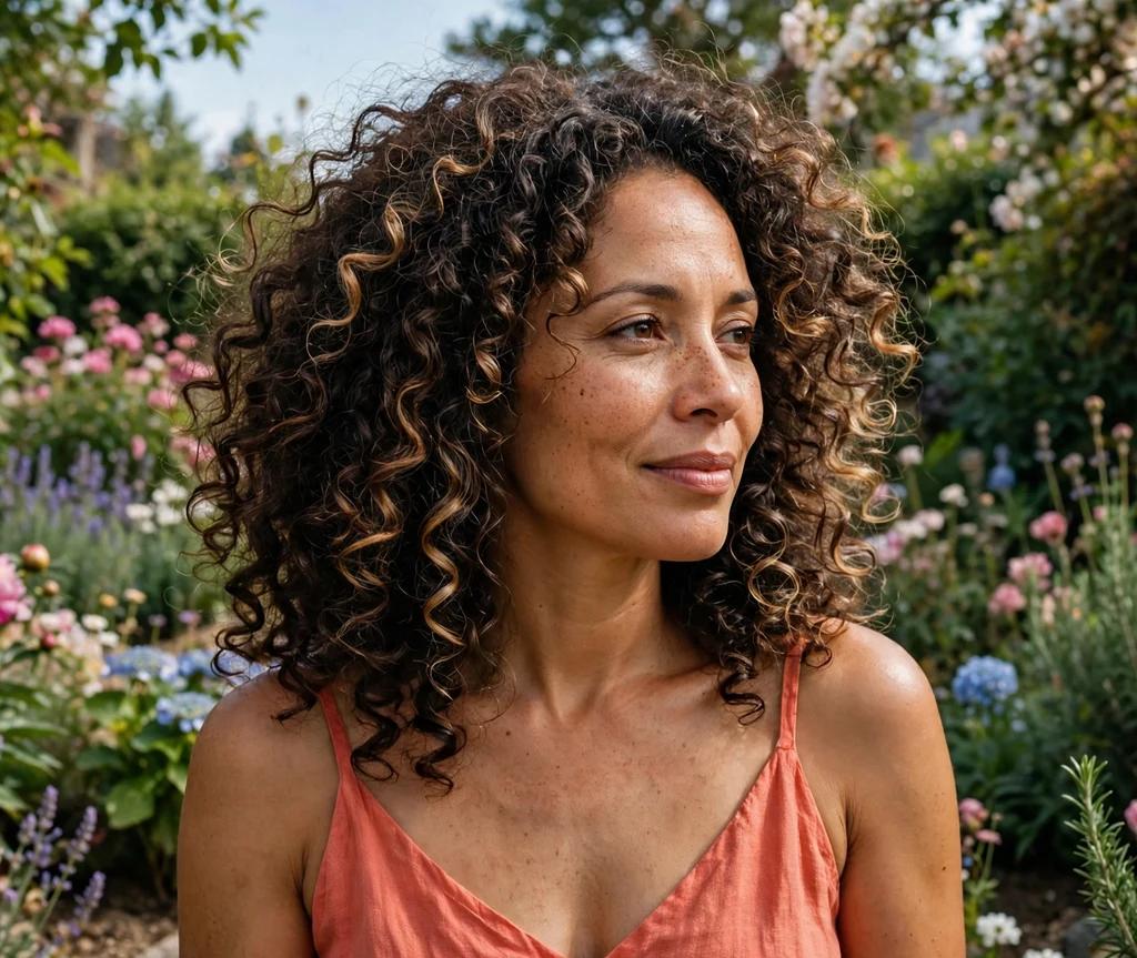 Mixed-race woman with voluminous dark brown curls with toffee dimension in a garden