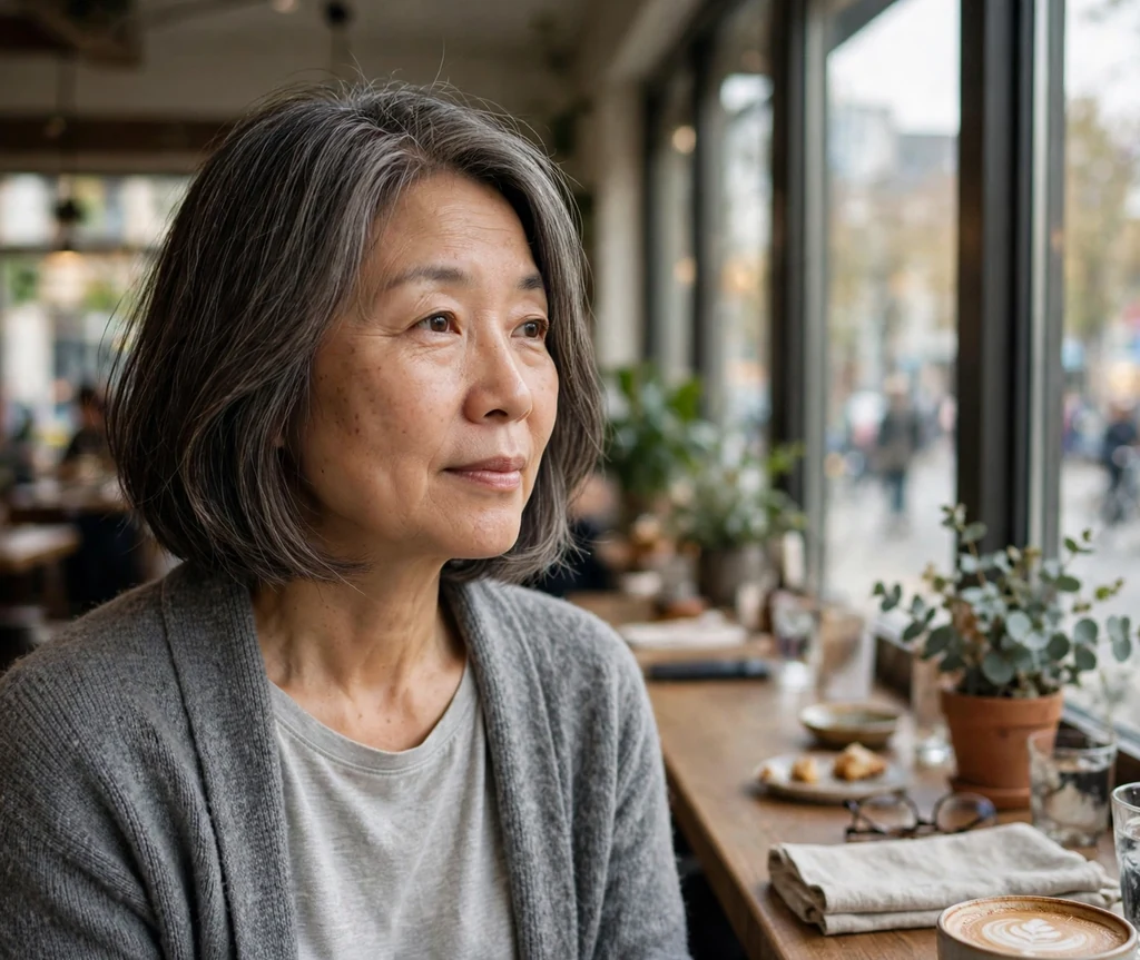 East Asian woman with chin-length dark bob with ash-brown gray-blending highlights at a café