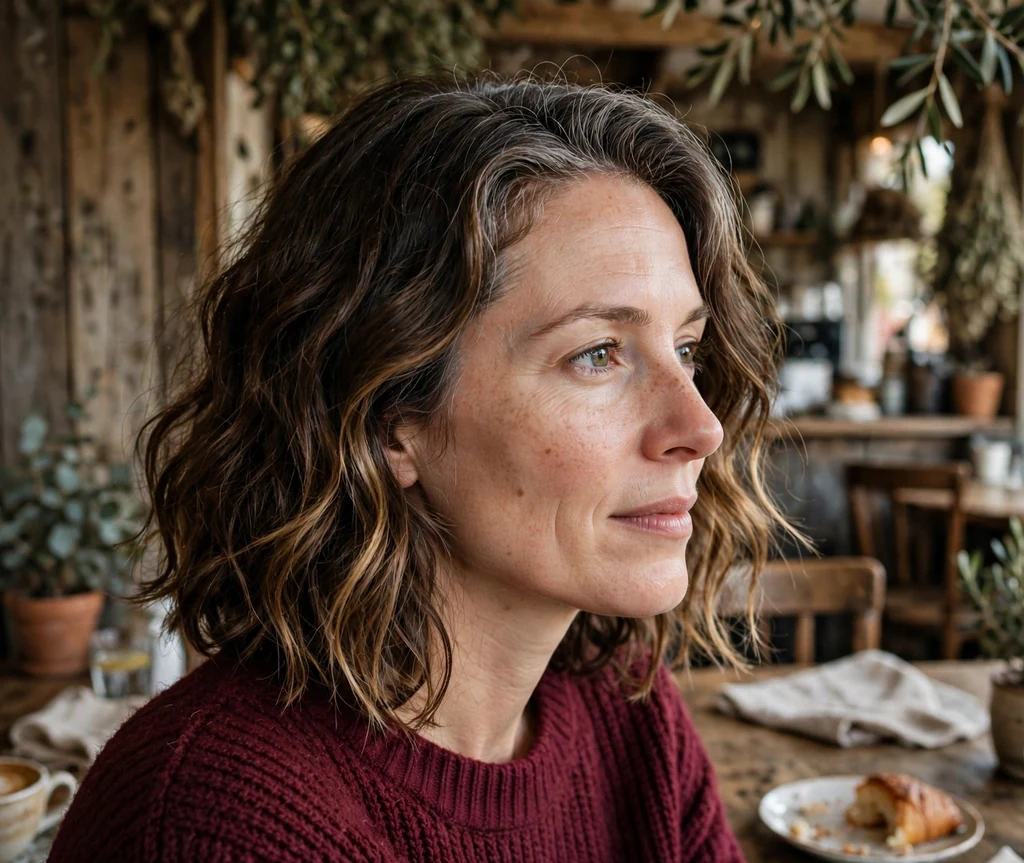 Caucasian woman with wavy dark brown lob with honey balayage in a café