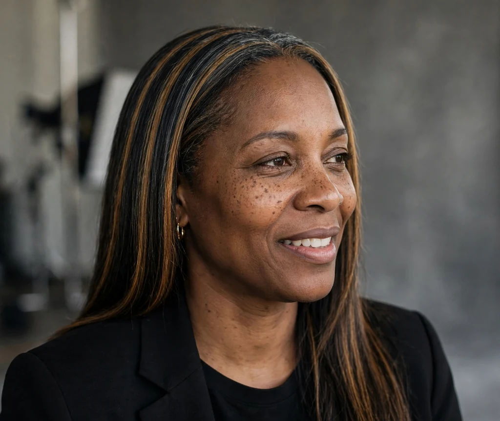 Black woman with sleek dark silk-pressed hair with caramel ribbon highlights in a studio