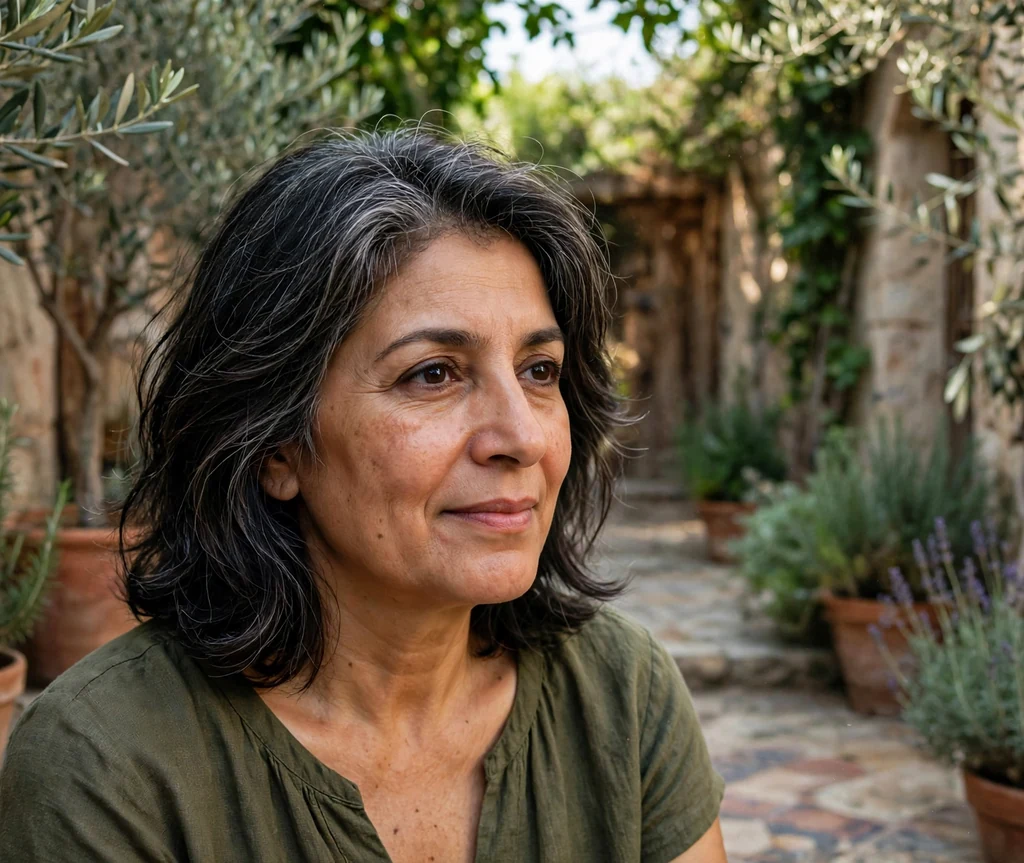 Middle Eastern woman with layered dark hair with soft root smudge in a garden