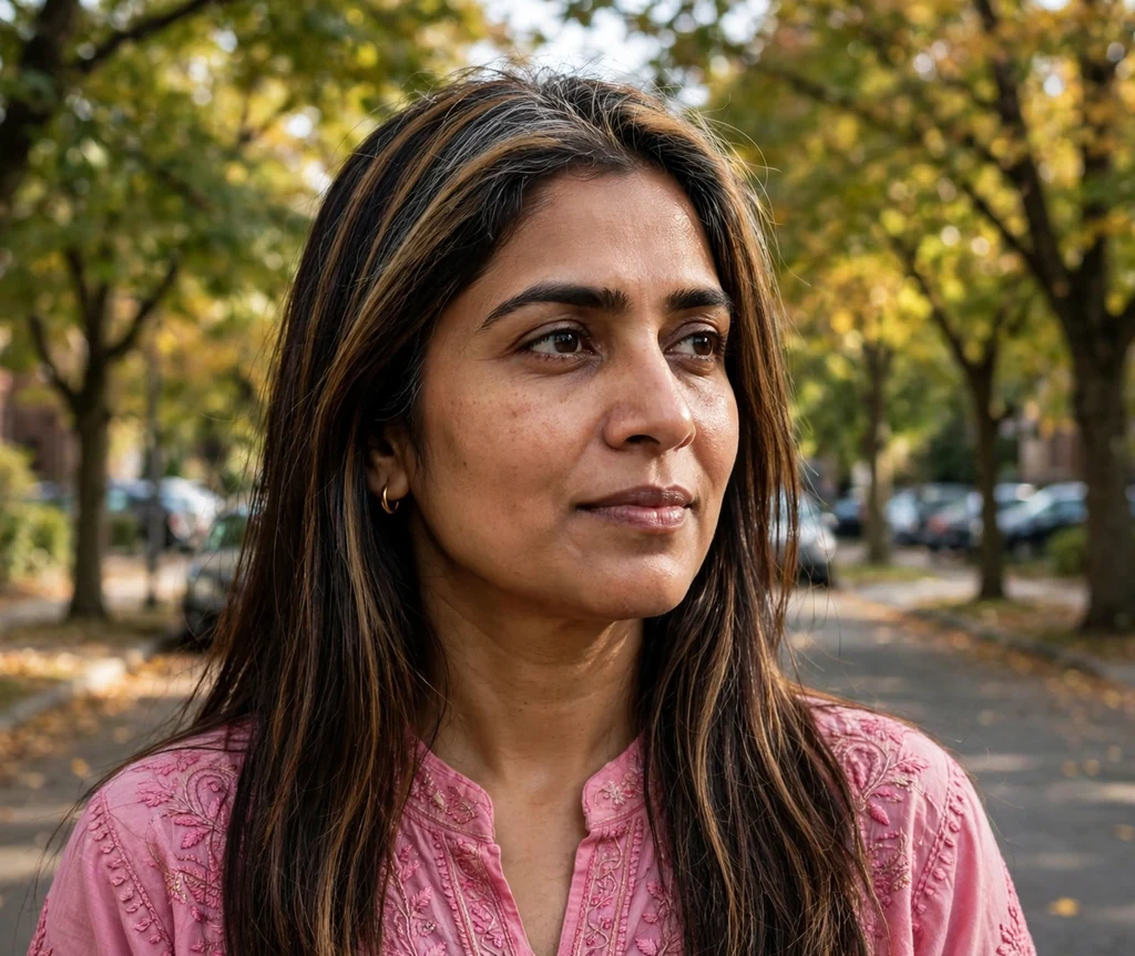 South Asian woman with long straight dark brown hair with subtle caramel foils on a street