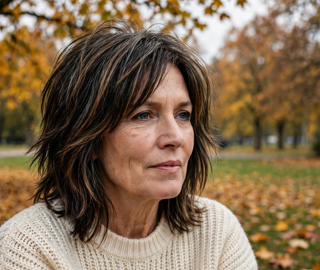 Caucasian woman with shoulder-length dark shag with chocolate and caramel tones in a park