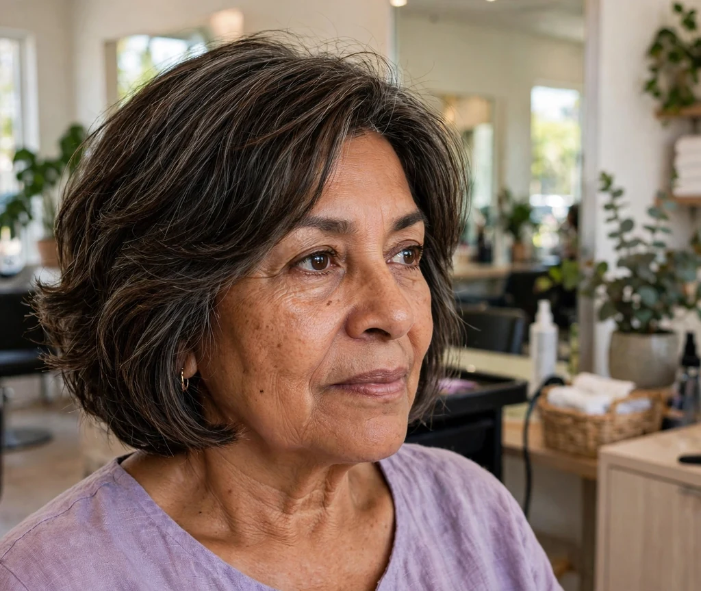 Latina woman with layered gray-blended dark bob with espresso lowlights in a salon