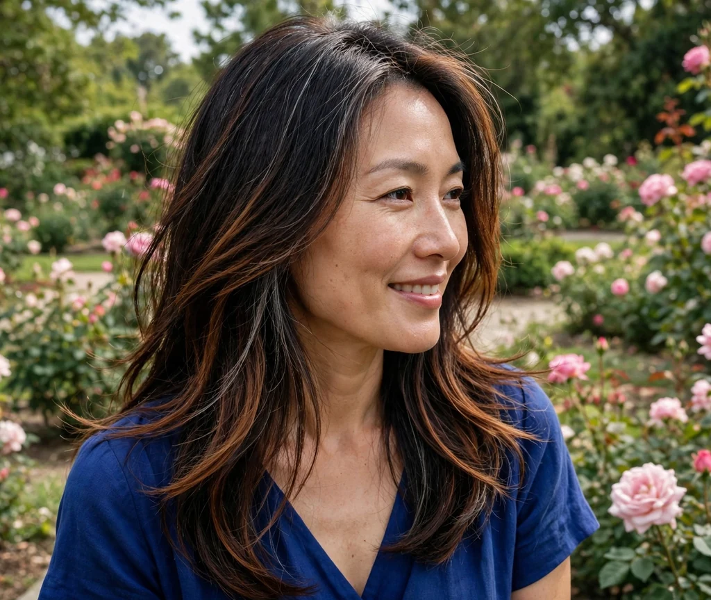 East Asian woman with long layered dark hair with chestnut glow highlights in a garden