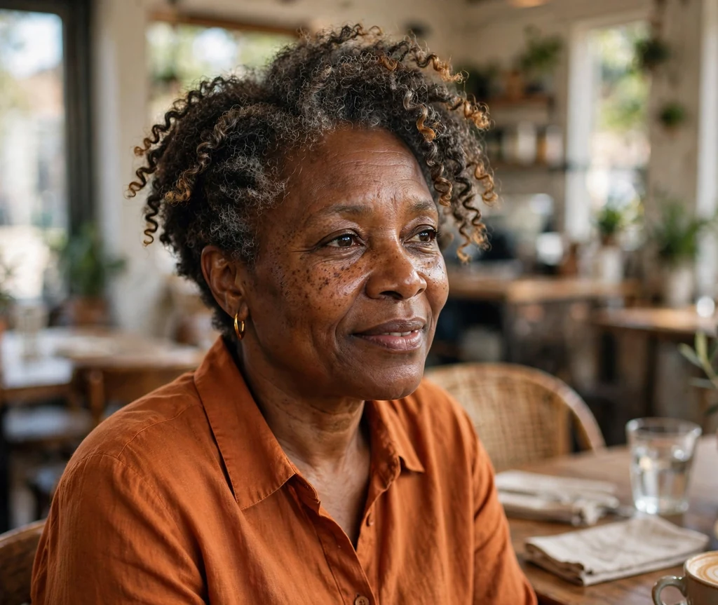 Black woman with tapered natural dark hair with caramel-tipped curls in a café