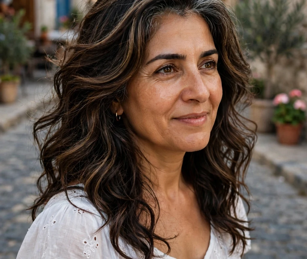 Middle Eastern woman with voluminous dark waves with mocha highlights on a cobblestone street