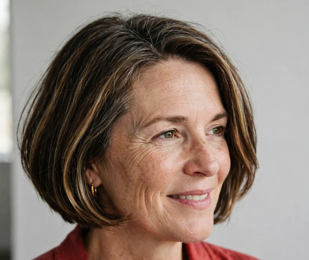 Caucasian woman with classic dark brown bob with honey dimensional highlights in a studio