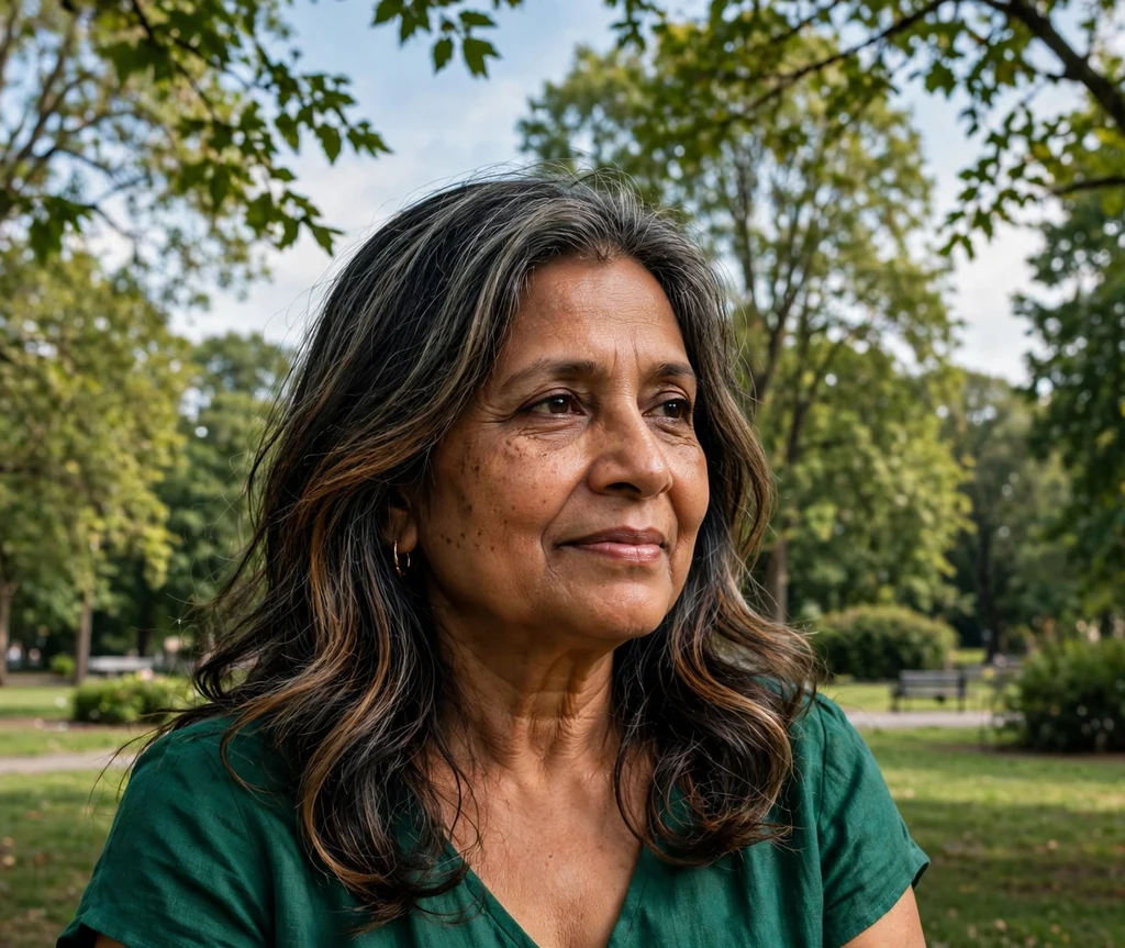 South Asian woman with long layered dark hair with caramel gray-blending highlights in a park