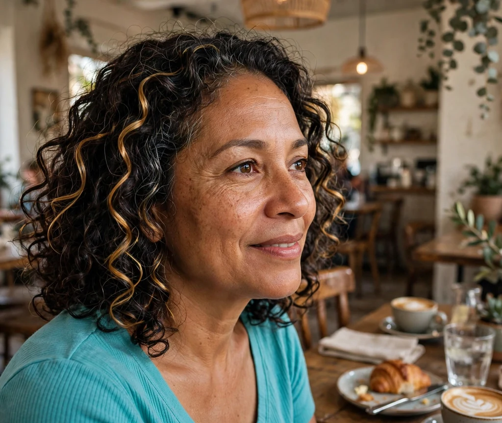Latina woman with curly dark shoulder-length hair with golden ribbon highlights in a café