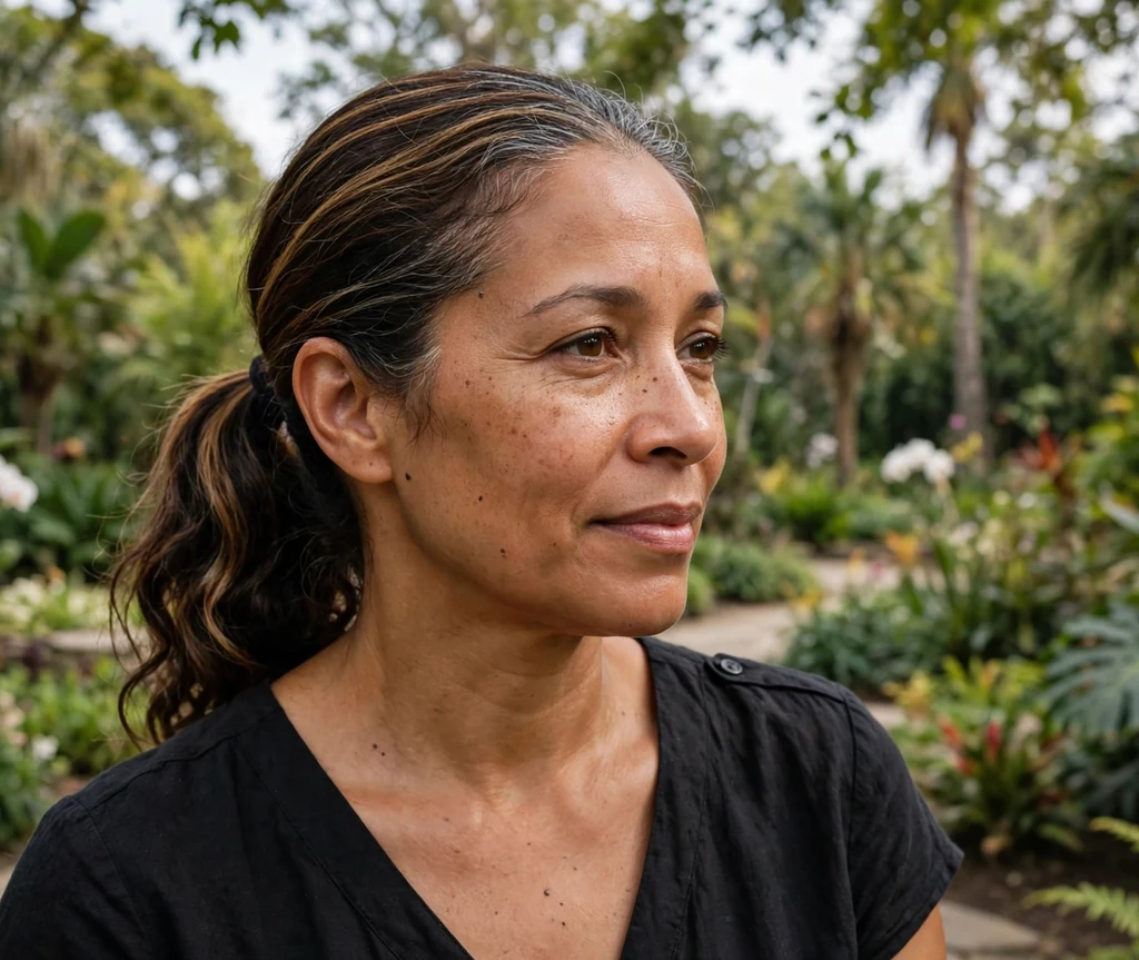 Mixed-race woman with sleek dark brown ponytail with caramel highlights in a botanical garden