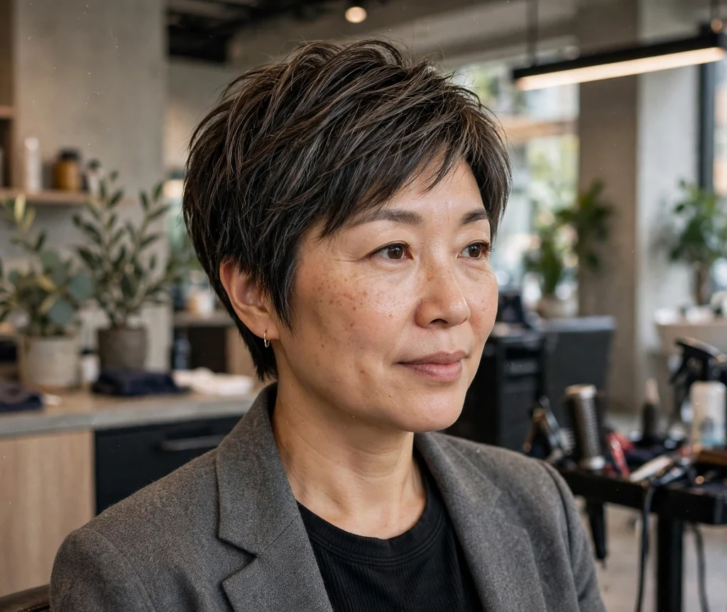 East Asian woman with textured dark pixie with ash-brown dimensional color in a salon