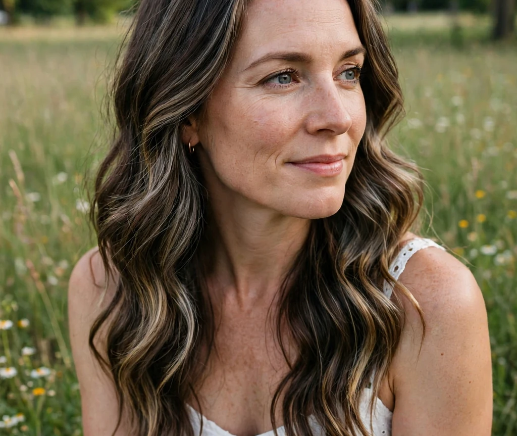 Caucasian woman with long dark brown mermaid waves with toffee balayage in a meadow park