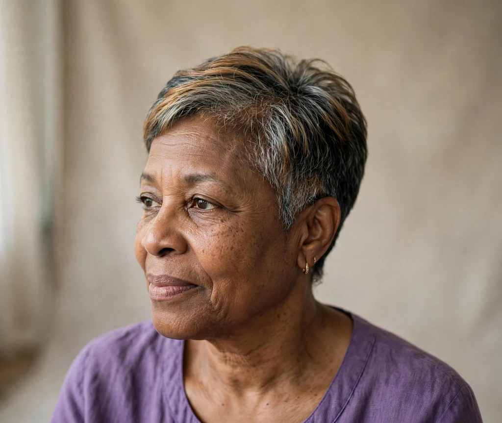 Black woman with short tapered dark hair with silver-caramel gray-blending color in a studio