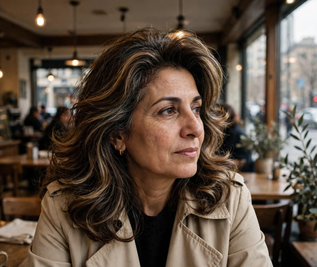 Middle Eastern woman with voluminous dark blowout with honey lights in a café