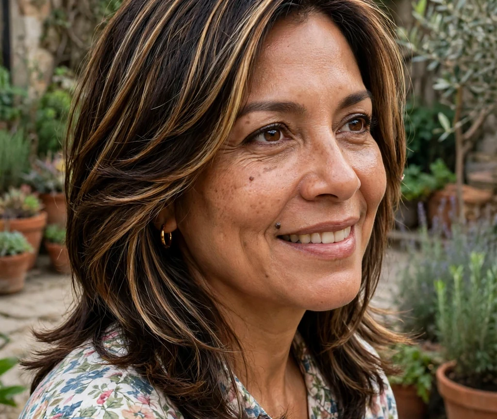 Latina woman with layered dark brown cut with face-framing caramel highlights in a garden