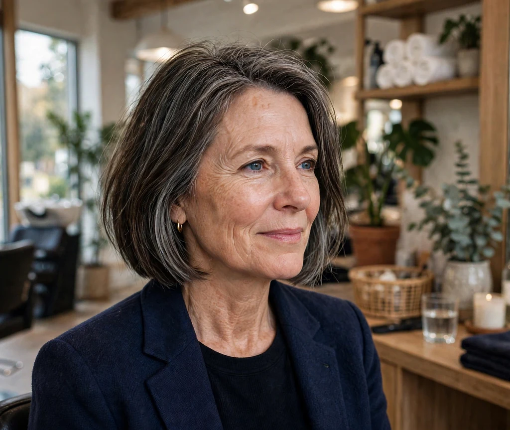Caucasian woman with chin-length dark bob with ash gray-blending highlights in a salon
