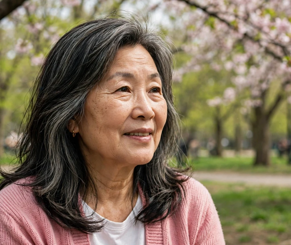 East Asian woman with long layered dark hair with ash-brown lowlights in a park