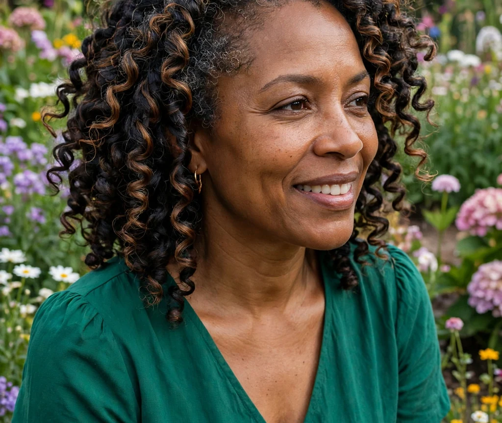 Black woman with dark twist-out curls with caramel dimension in a garden