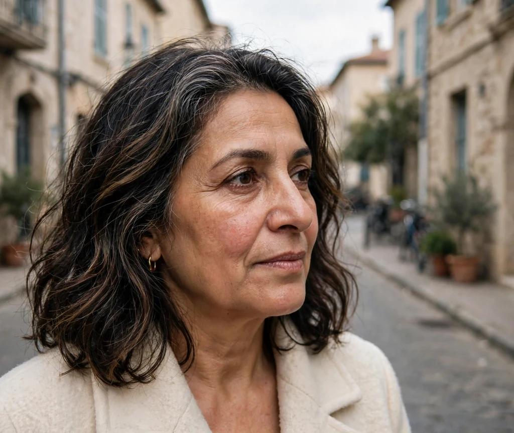 Middle Eastern woman with shoulder-length dark waves with mocha ribbon highlights on a street