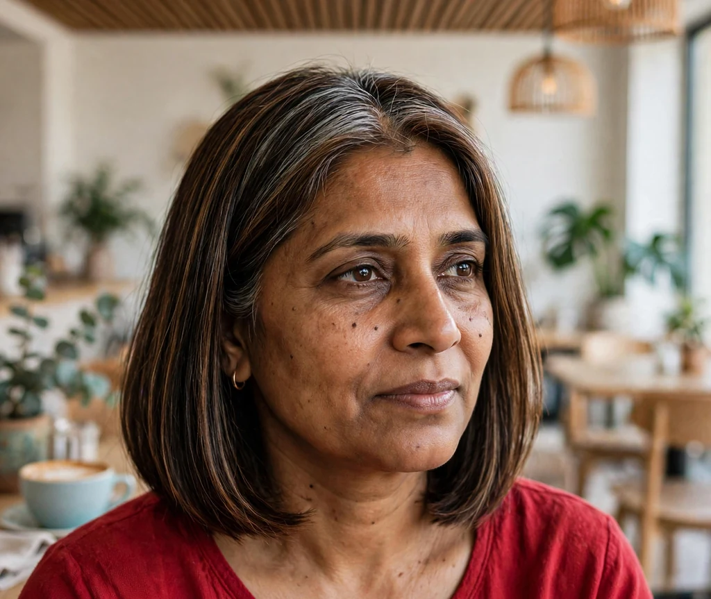 South Asian woman with straight dark lob with toffee lights in a café