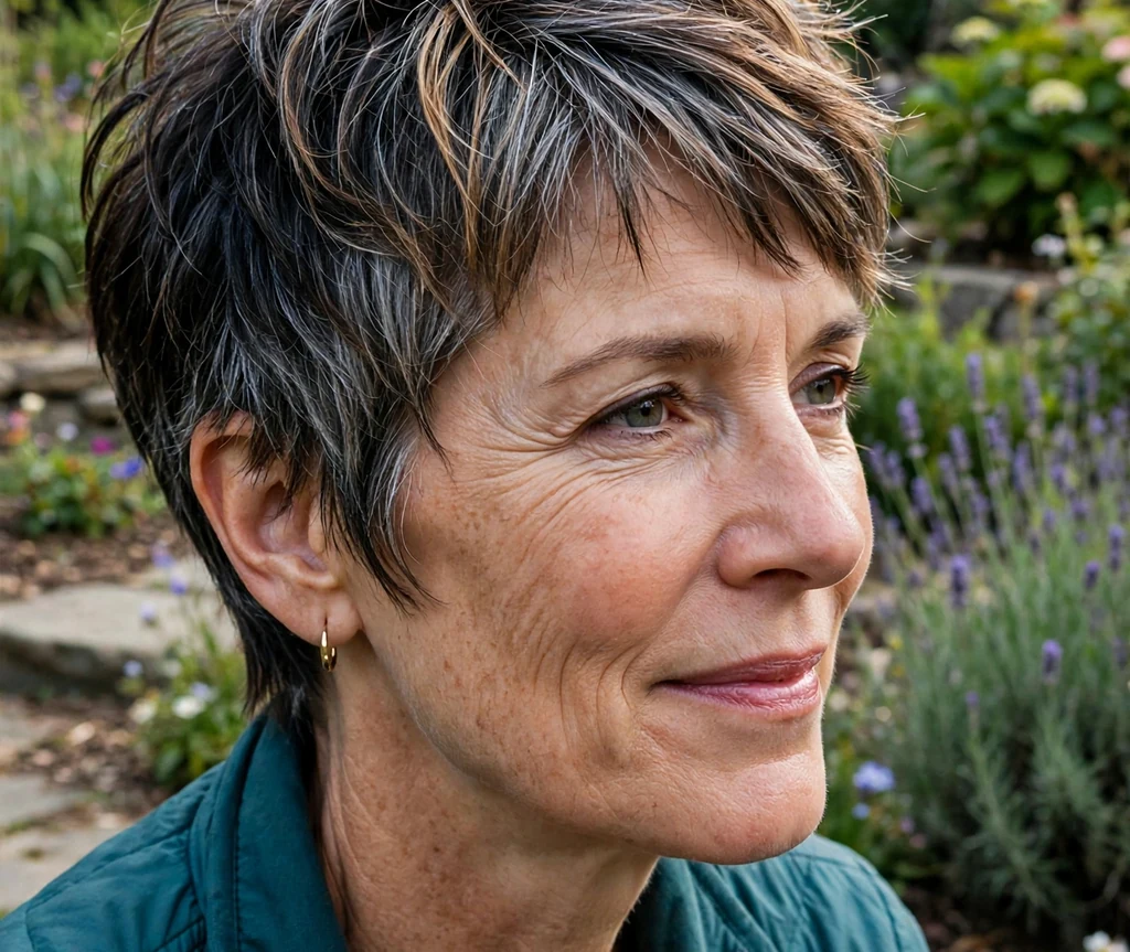 Caucasian woman with textured dark pixie with silver-caramel gray blend in a garden