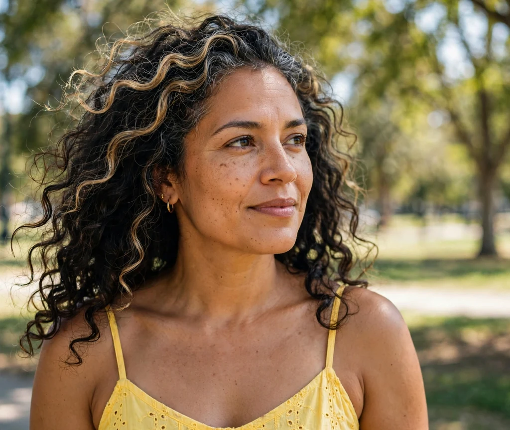 Latina woman with long dark curls with honey highlights in a park