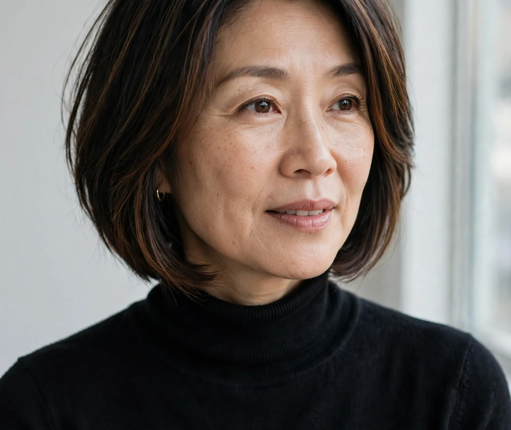 East Asian woman with layered dark bob with chestnut dimensional color in a studio