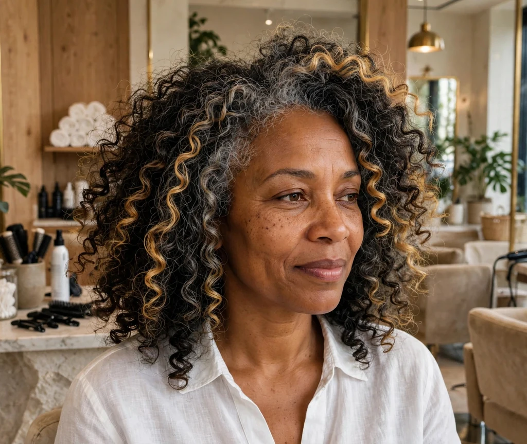 Black woman with voluminous dark curls with golden dimension in a salon