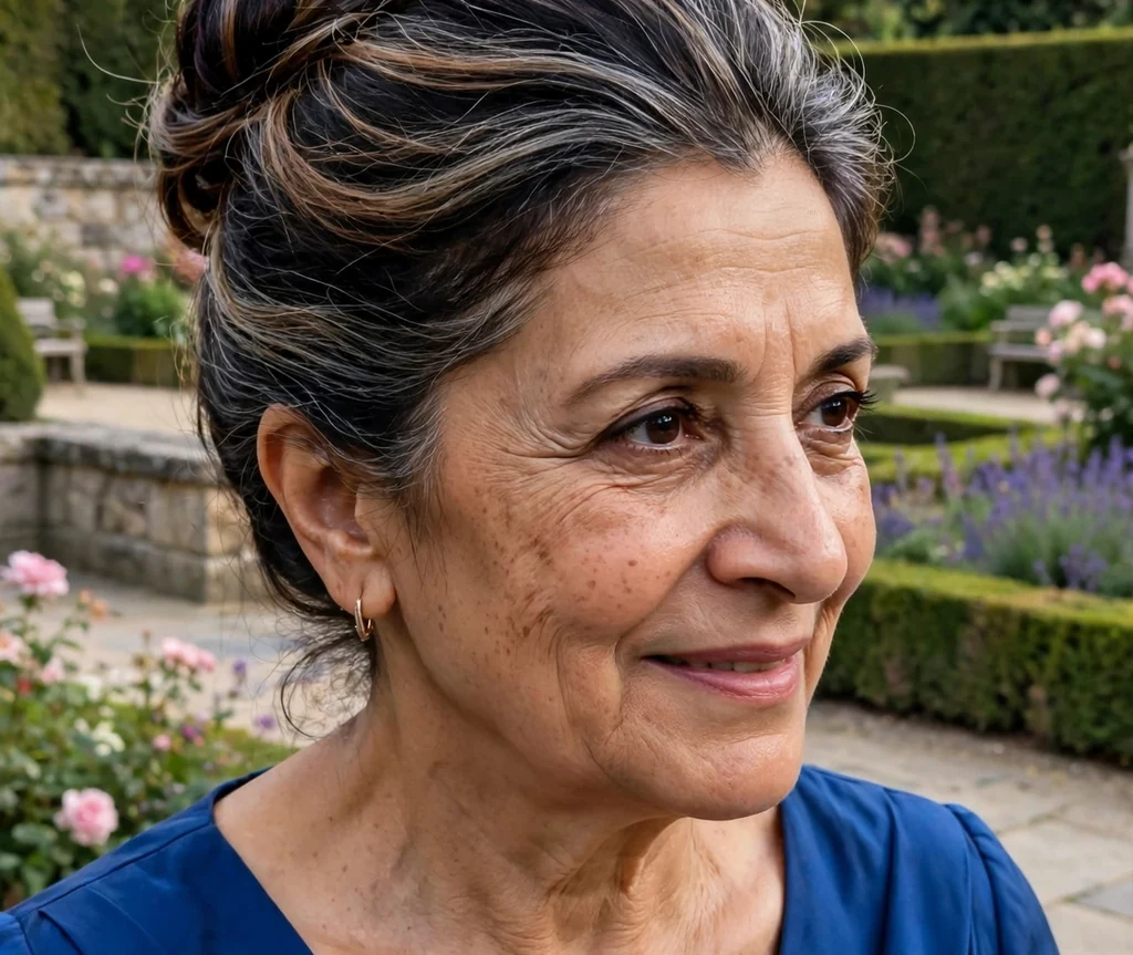 Middle Eastern woman with elegant dark updo with caramel gray-blending highlights in a garden