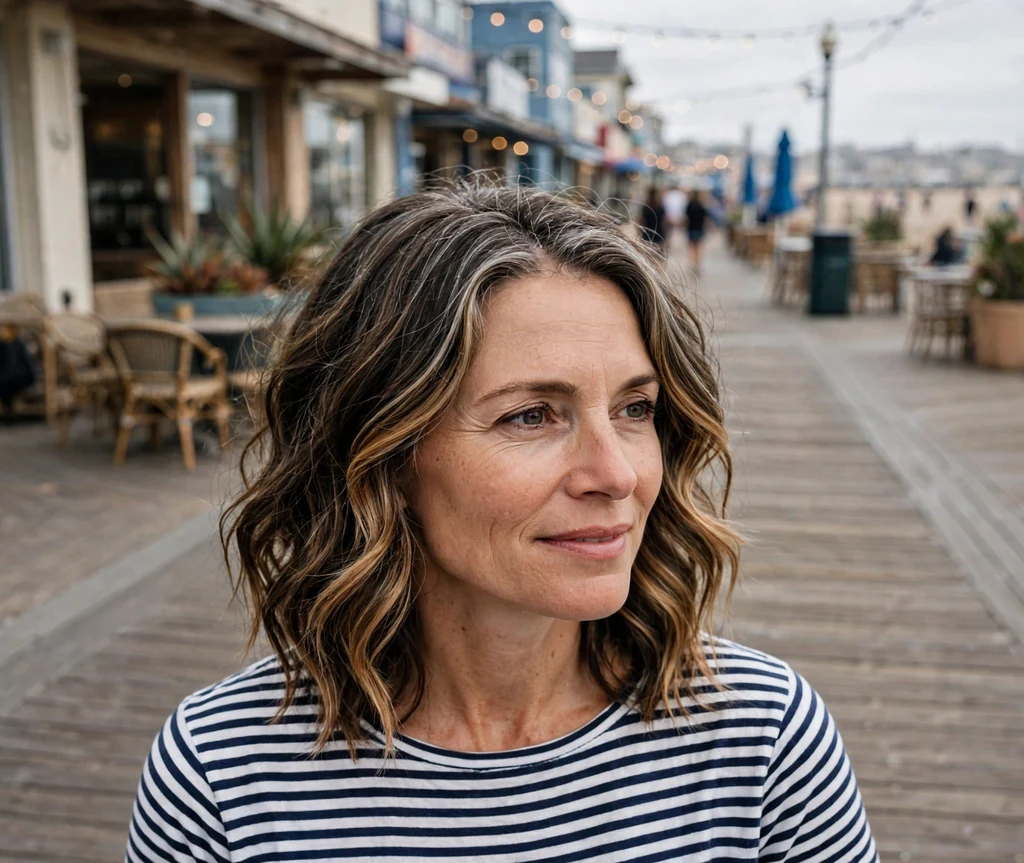 Caucasian woman with beachy dark waves with caramel balayage on a boardwalk