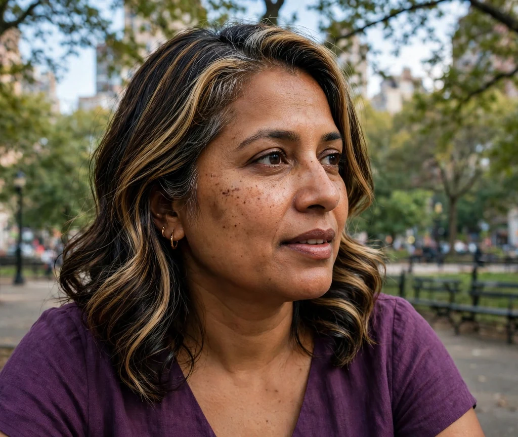 South Asian woman with side-parted dark waves with honey lights in a park