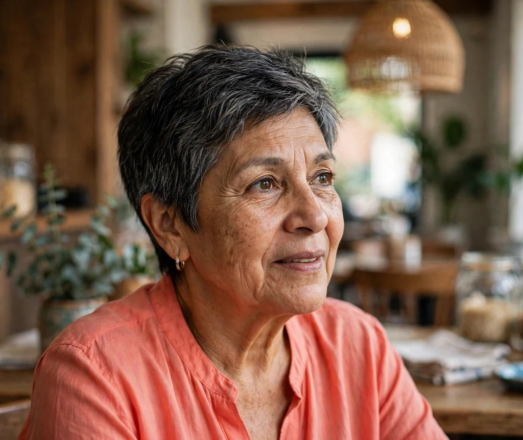 Latina woman with short dark crop with silver-toffee gray-blending color in a café