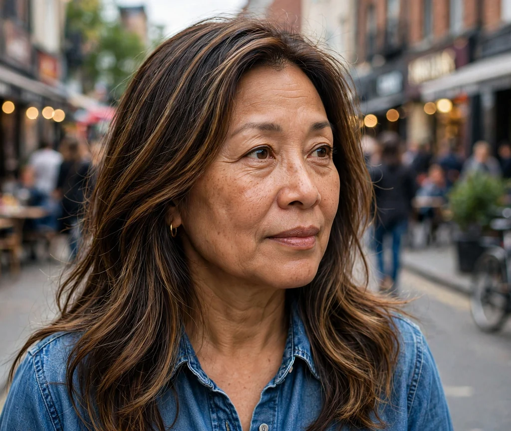 Mixed-race woman with long layered dark brown hair with caramel highlights on a street