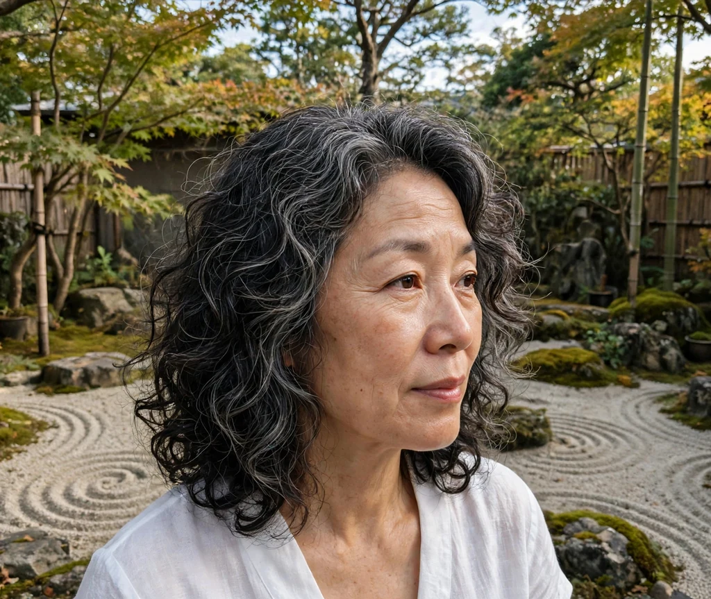 East Asian woman with shoulder-length dark curls with ash highlights in a garden