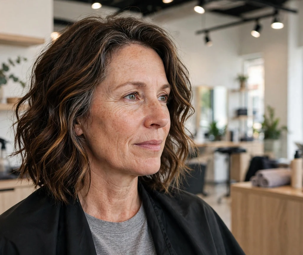 Caucasian woman with wavy dark brown lob with root smudge and caramel babylights in a salon