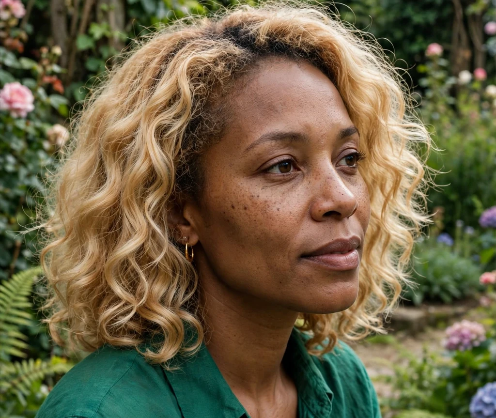 Black woman with a buttery honey blonde curly lob in an emerald blouse in a garden